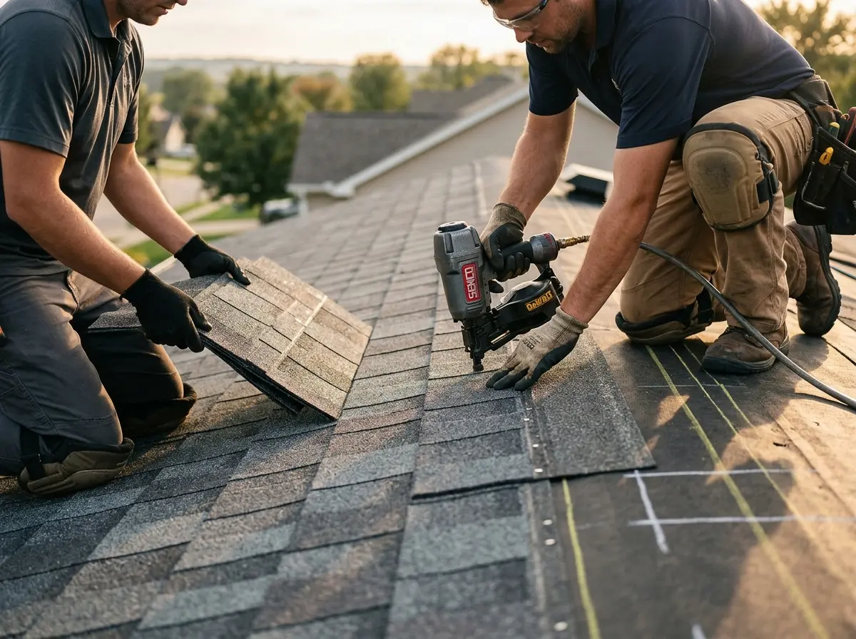 Professional roofer working on a residential roof in Cazenovia
